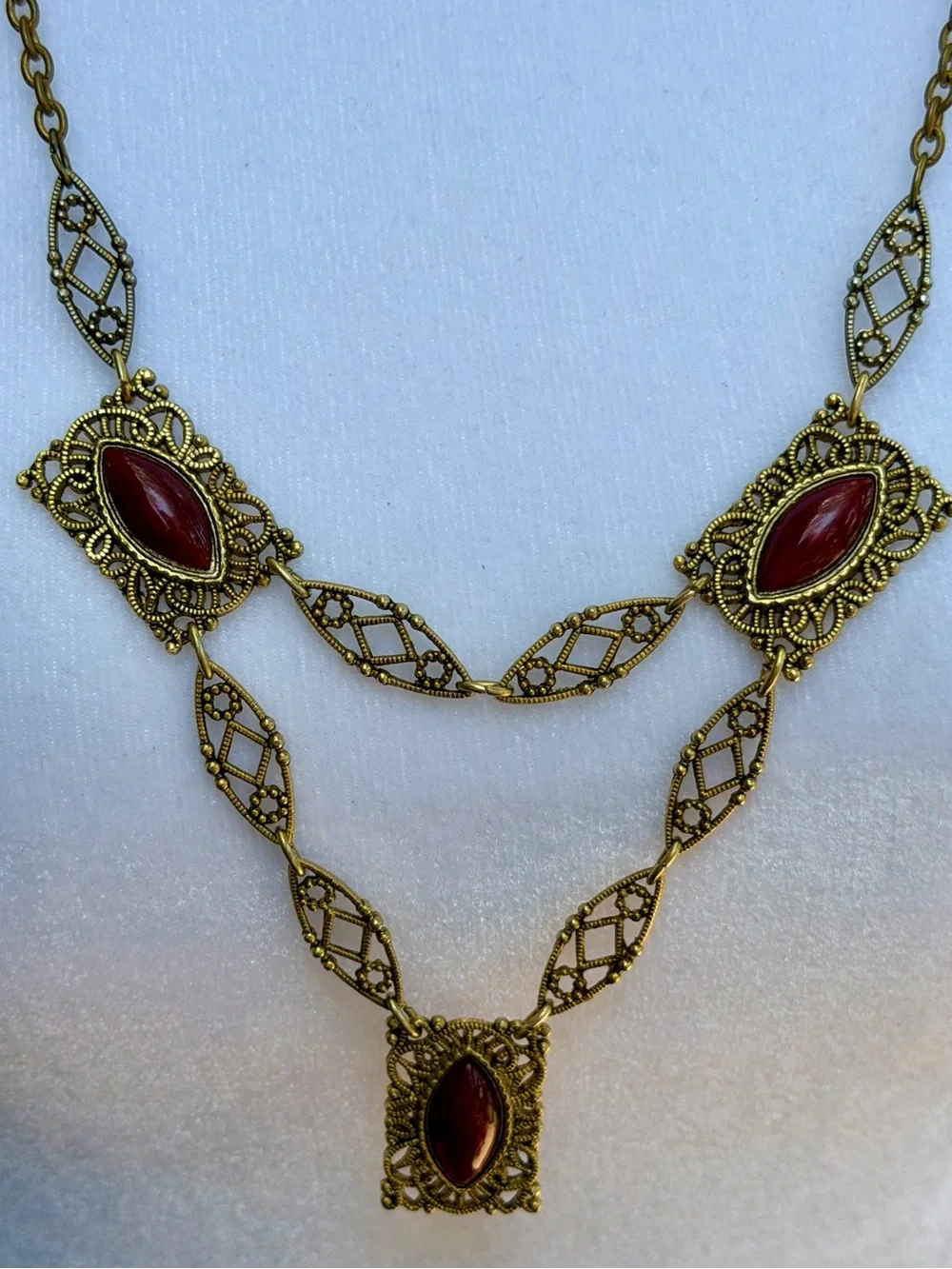Vintage TOFFANO 1970s Red Cabochon Filigree Festoon Necklace